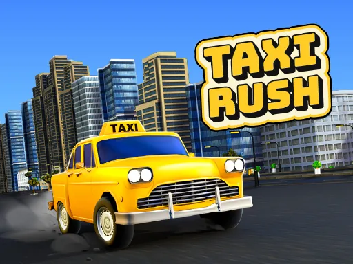 Taxi Rush — Sarı taksi şehirde hızla koşarken, modern binalar arka planda. Oyunun ana karakterini gösteren yüksek çözünürlüklü kapak görseli.
