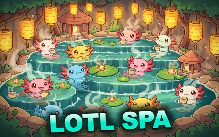 Lotl Spa — Renkli karakterli sıcak su havuzu, oyunun ana kapak görseli.