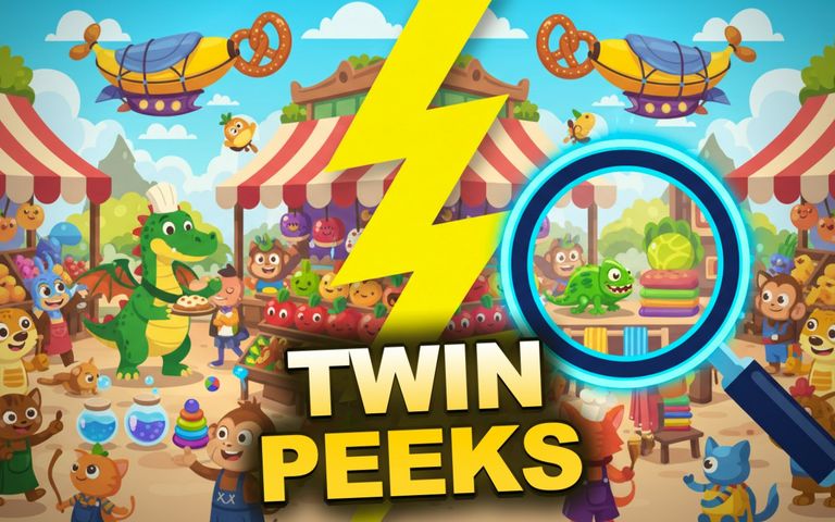 Twin Peeks — Eğlenceli oyun kapağı, renkli karakterler ve parkur sahnesi ile dolu.